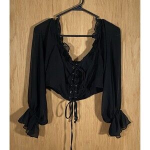 Women's L Crop Top Black Sheer Sleeves WhimsiGoth Festival Fairy Grunge Witchy